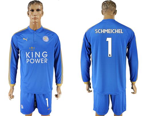 Leicester City #1 Schmeichel Home Long Sleeves Soccer Club Jersey - Click Image to Close